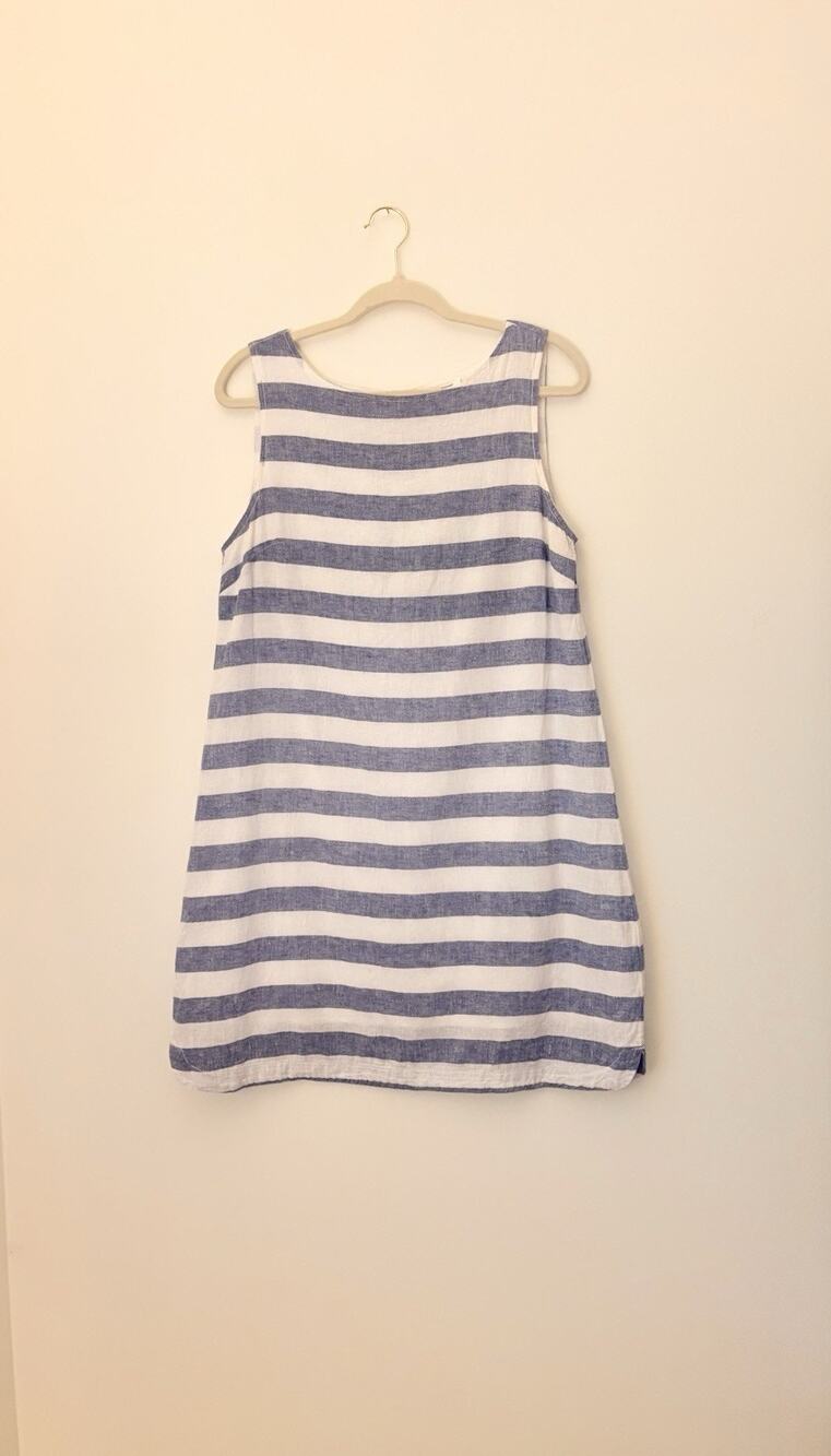 Beach Lunch Lounge Linen Blend Dress Blue/White Stripes French Sleeveless Size M